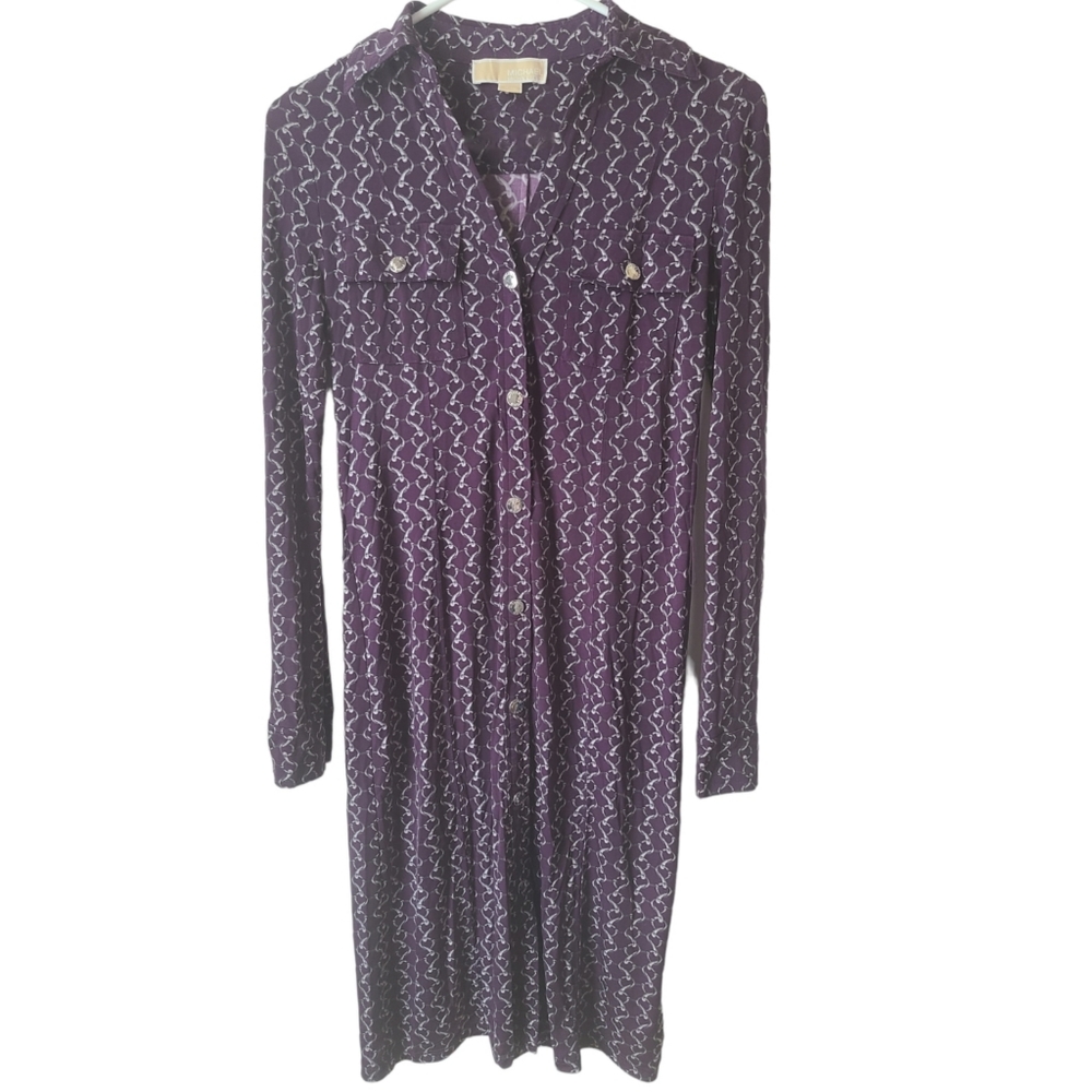 Michael Michael Kors Purple Silver Chain Link Print Shirt Midi Dress Size XXSM